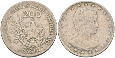 Бразилия 200 рейс 1901 голова свободы вправо KM 504 медно-никель 4589-1041