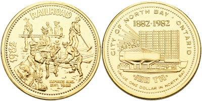 Канада жетон 1982 Souvenir dollar, серия 100 лет Онтарио (1882-1982), железная дорога, позолота никель 4590-913