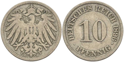 ГЕРМАНИЯ 10 ПФЕННИГОВ 1896 A KM 12, J. 13 медно-никель 4401-946