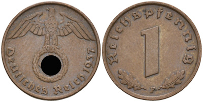 Германия 1 рейхспфенниг 1937 F KM 89, J 361 бронза 4136-1156