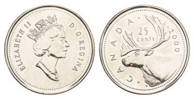 Канада 25 центов 2000 Елизавета II (1952-2022), олень KM 184 никель PROOF-LIKE (BU) 4638-547