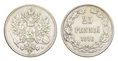 Россия для Финляндии 25 пенни 1916 S, Николай II (1894-1917) Биткин 421 серебро 4643-144