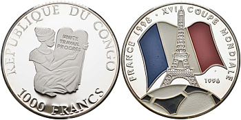 Конго 1000 франков 1996 XVI чемпионат мира по футболу 1998 года во Франции, Эйфелева башня на фоне флага, триколор, цветная эмаль KM 27 серебро PROOF 04-322-24