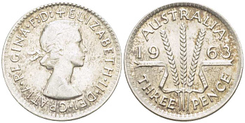 Австралия 3 пенса 1963 m, Елизавета II (1952-2022) KM 57 серебро 4516-157