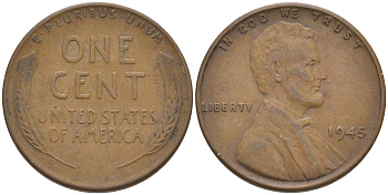 США 1 ЦЕНТ 1945 ЛИНКОЛЬН KM А132 медь цинк 187-1133