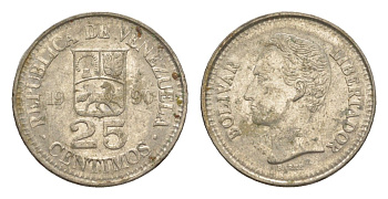 Венесуэла 25 сентимо 1990 Симон Боливар Y 50a сталь плакированная никелем 4580-923