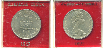 Гибралтар 1 крона 1967 Елизавета II (1952-2022), старый замок, в оригинальной пластиковой коробке, первый год чекана KM 4 медно-никель UNC 6-6-1-15