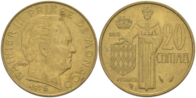 Монако 20 сантимов 1976 Ренье III (1949-2005) KM 143 алюминиевая бронза 190-514