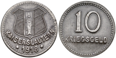 ПФАЛЬЦ, КАЙЗЕРЗЛАУТЕРН 10 ПФЕННИГОВ 1918 КРИГСГЕЛЬД, НОТГЕЛЬД железо 75-1644