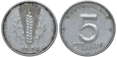 ГДР 5 ПФЕННИГОВ 1950 А алюминий 62-1144