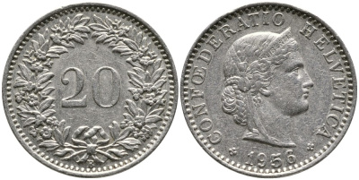 ШВЕЙЦАРИЯ 20 РАППЕНОВ 1956 В KM 29а медно-никель 4539-555