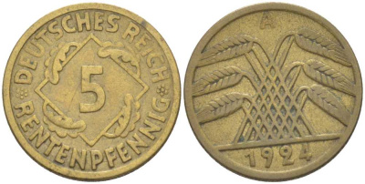 ГЕРМАНИЯ 5 РЕНТЕНПФЕННИГОВ 1924 A KM 43, J. 308, Weege 6 алюминиевая бронза 206-765