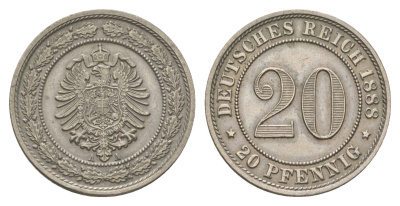 Германия 20 пфеннигов 1888 A, Вильгельм I (1861-1888) KM 9.1, J. 6 медно-никель aUNC 4626-134