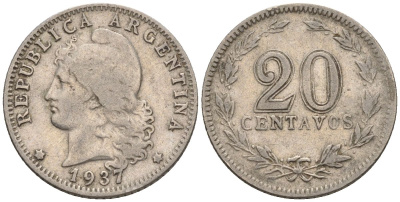 Аргентина 20 сентаво 1937 голова свободы влево KM 36, CJ 84, Schon 39 медно-никель    60-914