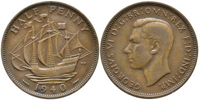Великобритания 1/2 пенни 1940 Георг VI (1936-1952) KM 844, Spink 4115 бронза 28-854