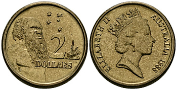 Австралия 2 доллара 1988 абориген, Елизавета II (1953-) KM 101 алюминиевая бронза 4388-634
