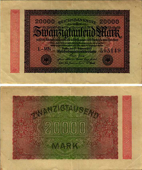 ГЕРМАНИЯ 20000 МАРОК 1923 20 ФЕВРАЛЯ 1923, ВОДЯНОЙ ЗНАК L Pick 85a бумага 7547-95-3