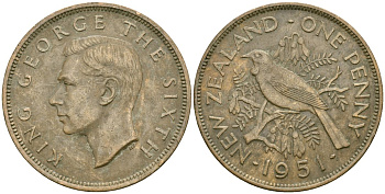 Новая Зеландия 1 пенни 1951 Георг VI (1936-1952), новозеландский туи KM 21 бронза 4536-334