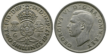 Великобритания 2 шиллинга (флорин) 1947 Георг VI (1936-1952) KM 865, Spink 4102 медно-никель 4381-1111