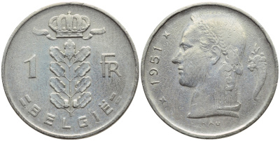 БЕЛЬГИЯ 1 ФРАНК 1951 BELGIE KM 143.1 медно-никель 4390-125