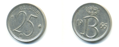 БЕЛЬГИЯ 25 САНТИМОВ 1966 BELGIQUE KM 153.1 медно-никель 86-1253