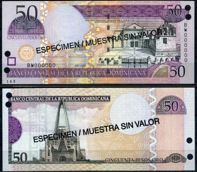 Доминиканская Республика 50 песо 2003 кафедральный собор Санта Мария-ла-Минор в Санто-Доминго, базилика, образец, SPECIMEN Pick 170s бумага UNC (пресс) 2197-34-1-2