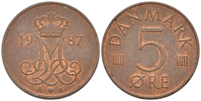 ДАНИЯ 5 ЭРЕ 1987 R; B, МАРГРЕТЕ II (1972-) KM 859.3 железо плакированное медью 4564-1212