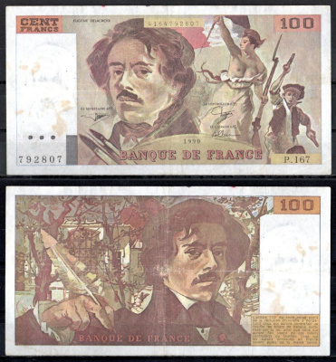 Франция 100 франков 1990 Pick 154 e бумага 7222-32-2-2