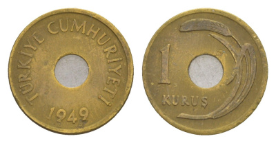 Турция 1 куруш 1949 KM 881 латунь 4651-829