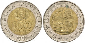 Португалия 100 эскудо 1991 Педру Нуниш (1502-1578), математик KM 645.1 биметалл 73-332