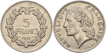 Франция 5 франков 1933 KM 888 никель 4144-345
