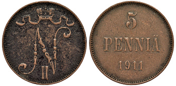 Россия для Финляндии 5 пенни 1911 Николай II (1894-1917) KM 15, Биткин 451 медь 75-746