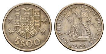 Португалия 5 эскудо 1964 парусник KM 591 медно-никель 4678-743