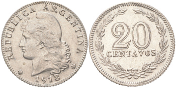 Аргентина 20 сентаво 1918 KM 36 медно-никель 4621-1061