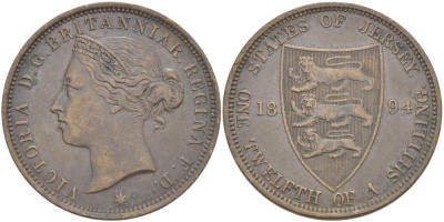 Джерси 1/12 шиллинга 1894 Виктория (1837-1901) KM 8 бронза 4517-1025
