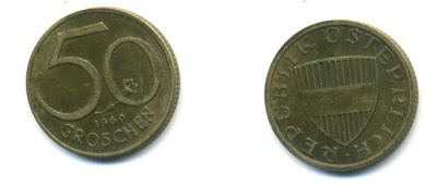 Австрия 50 грошей 1960 KM 2885 алюминиевая бронза 80-825