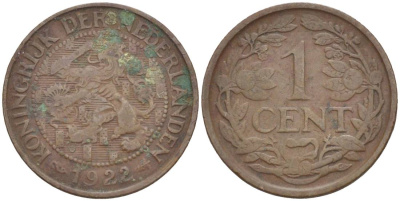 НИДЕРЛАНДЫ 1 ЦЕНТ 1922 ВИЛЬГЕЛЬМИНА I (1891-1948) KM 152 бронза 4532-624