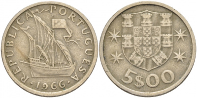 Португалия 5 эскудо 1966 парусник KM 591 медно-никель 3457-613