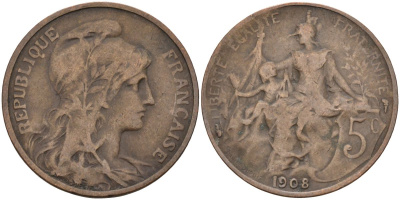 Франция 5 сантимов 1908 тип Даниэль Дюпюи KM 842, Le Franc 119.19 бронза 4126-627