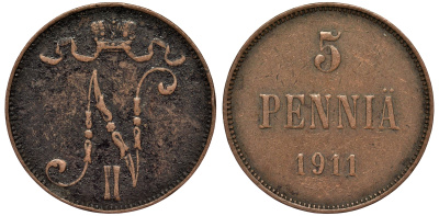 Россия для Финляндии 5 пенни 1911 Николай II (1894-1917) KM 15, Биткин 451 медь 75-746