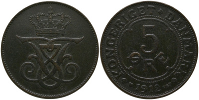 Дания 5 эре 1912 ? VBP, Фредерик VIII (1906-1912) KM 806 бронза 4571-357
