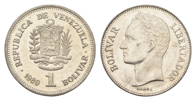 Венесуэла 1 боливар 1989 Симон Боливар, тонкий шрифт Y 52a.1 сталь плакированная никелем 4662-832