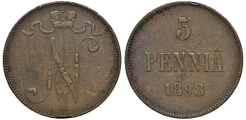 Россия для Финляндии 5 пенни 1898 Николай II (1894-1917) KM 15, Биткин 443 медь 51-945