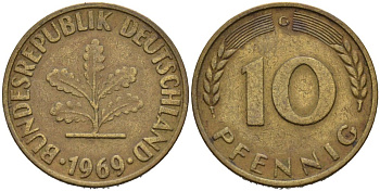 ФРГ 10 ПФЕННИГОВ 1969 G KM 103, J. 378 сталь плакированная латунью 94-1027