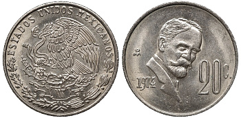 Мексика 20 сентаво 1974 Мо, Игнасио Мадеро KM 442 медно-никель UNC 4591-531