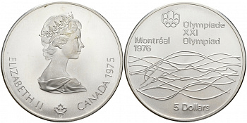 Канада 5 долларов 1975 XXI летние Олимпийские игры в Монреале 1976 года, плавание KM 100 серебро UNC 00-00-00