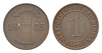 Германия 1 рейхспфенниг 1935 A KM 37, J. 313 бронза 4615-126