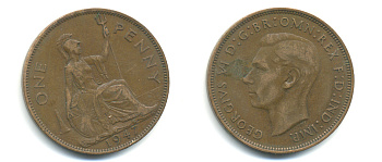 Великобритания 1 пенни 1947 Георг VI (1936-1952) KM 845, Spink 4114 бронза 89-232