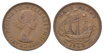 Великобритания 1/2 пенни 1960 Елизавета II (1952-2022) KM 896, Spink 4158 бронза 4662-1211
