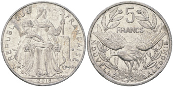 Французская Новая Каледония 5 франков 2018 птица кагу, (IEOM) KM 16, Schoen 12, Lec 81k алюминий 4120-132